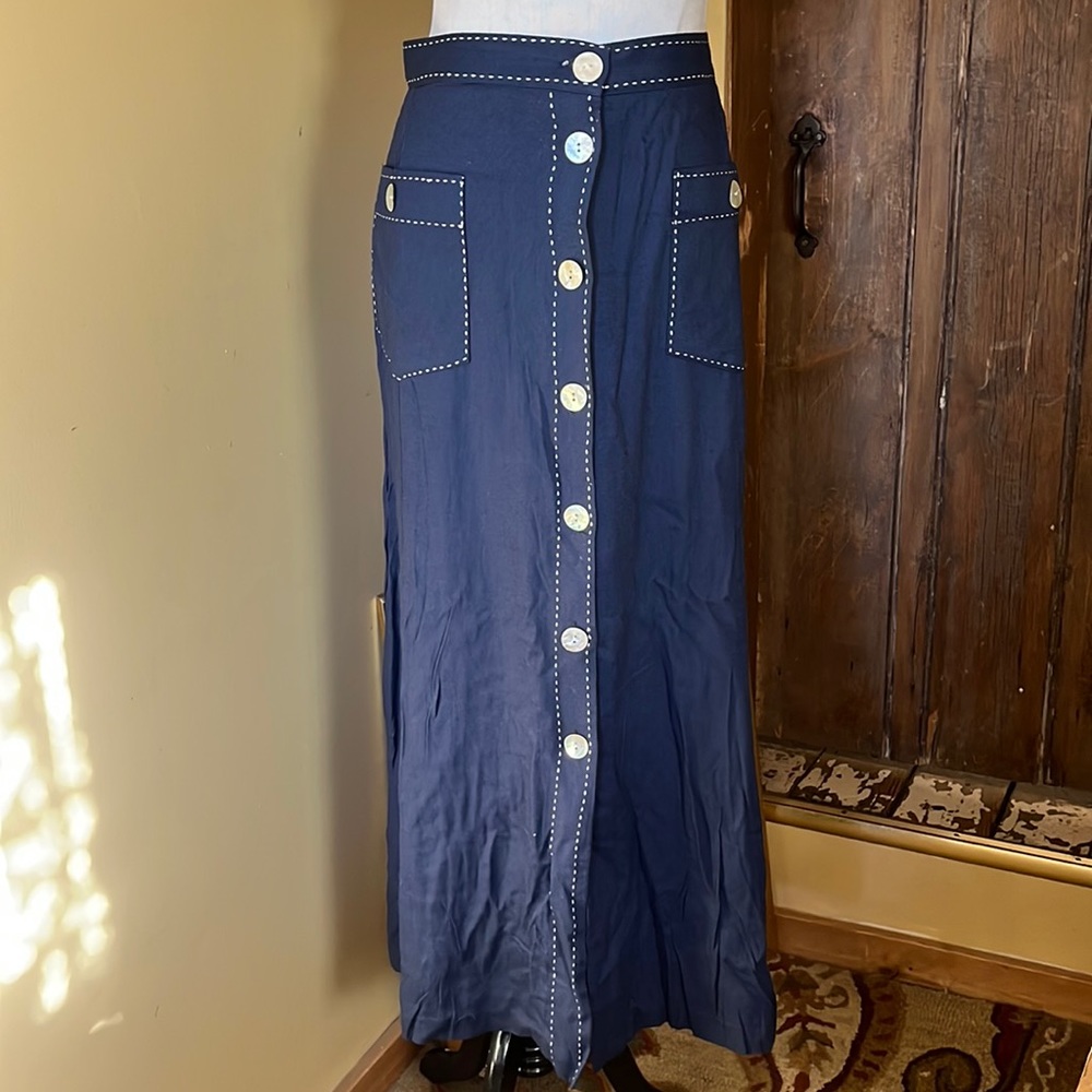 Vtg SILHOUETTES Size 2X Big-Button Stitched Trim Blue & White Nautical Feminine